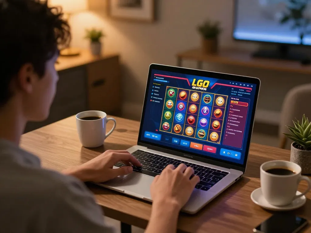 Engaged player using LGO SUPER online casino on laptop with colorful slots and betting.