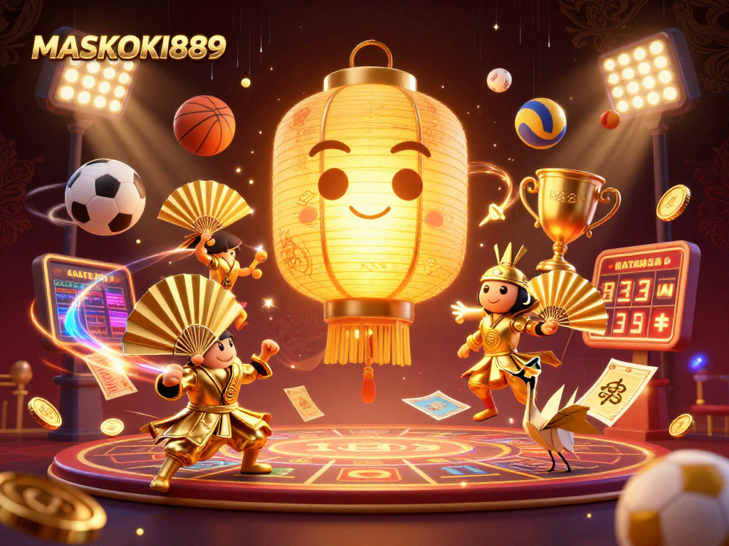 Engage with MASKOKI889 in a vibrant 3D casino scene featuring sports elements and lucky symbols.