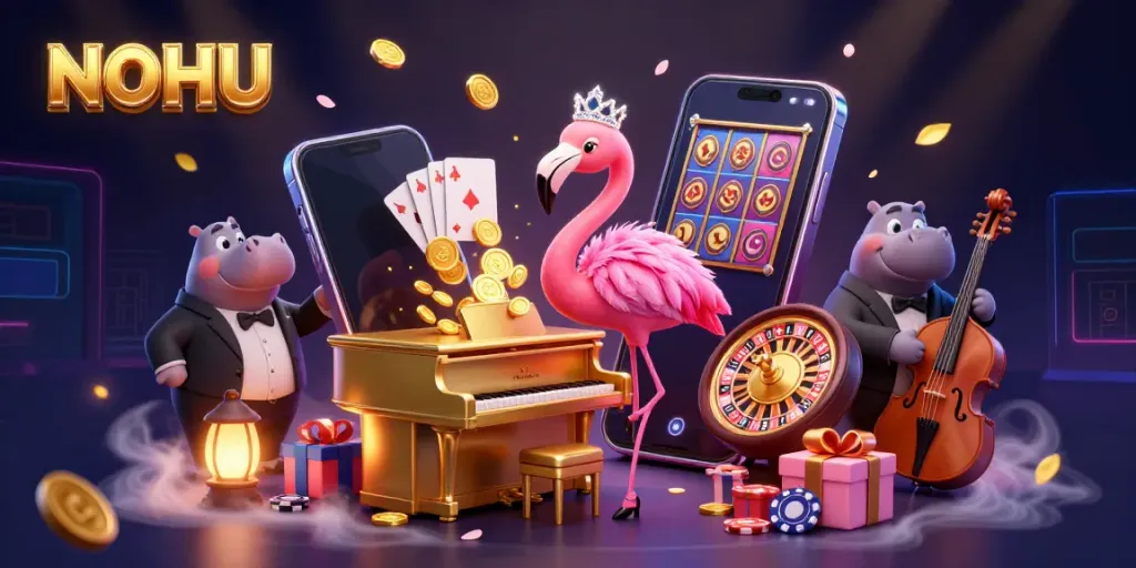 Play exciting slots at NOHU with a vibrant casino scene featuring animated characters and dynamic game elements.