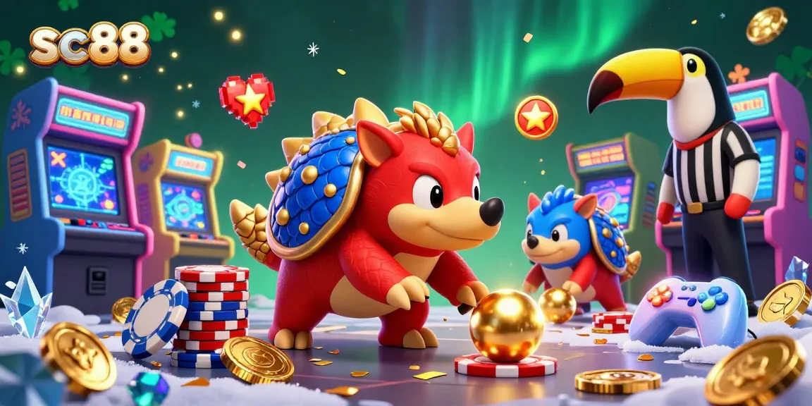 Catch thrilling action in sc88 as rival pangolins compete in a colorful casino arcade, rolling through poker chips.