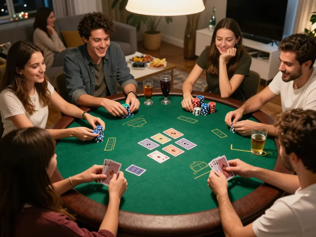 players enjoying a friendly poker night with fabet strategy tips in a vibrant home setting