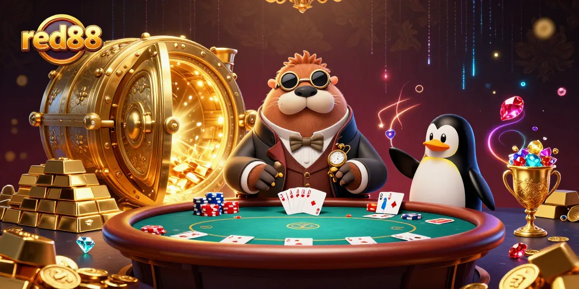 Experience thrilling poker action at red88 with a walrus, penguin dealer, and pufferfish player in an underwater scene.