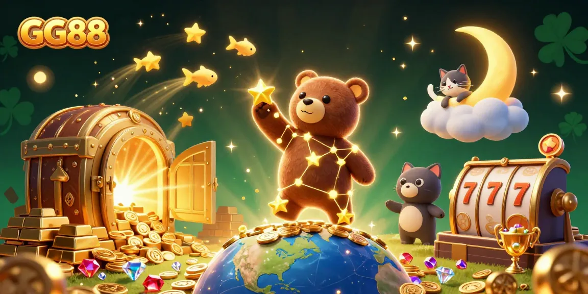 Experience the thrill at GG88 with 3D characters emerging among gold, gems, and interactive gaming elements.