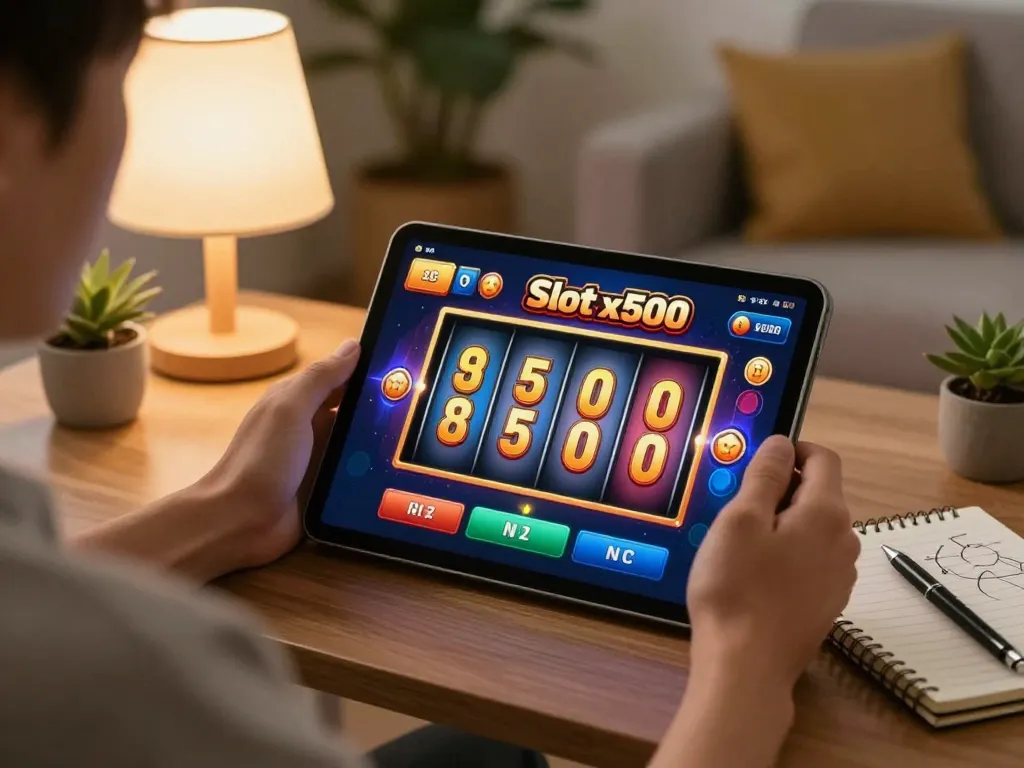 Engaging with Slot x500 on a tablet at home, showcasing vibrant gameplay while practicing responsible gaming.