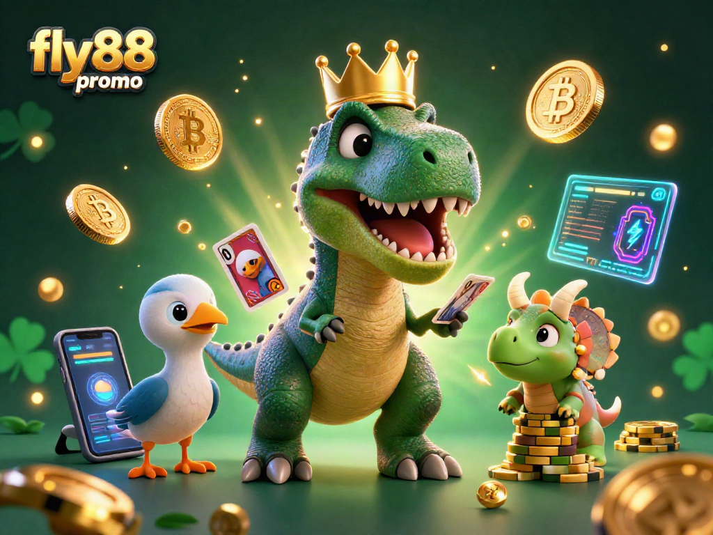 Play thrilling games with the fly88 promo while friendly dinosaurs stack chips and shuffle cards.