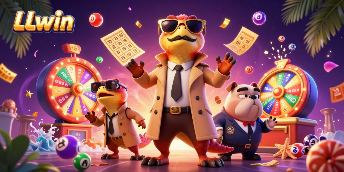 LLwin showcases playful raptors sneaking into a VIP casino, surrounded by vibrant lottery elements.