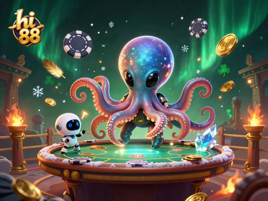Engage with exciting gaming at hi 88, featuring a cosmic alien octopus managing a vibrant holographic poker table.
