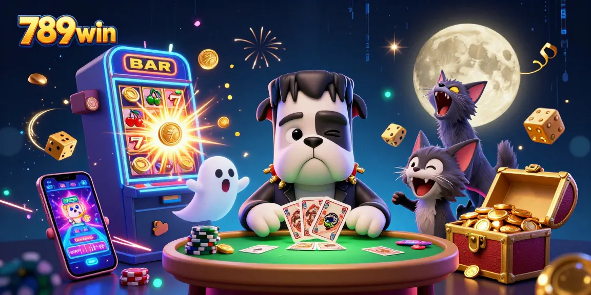 Engage in the thrilling world of 789win with a lively illustration of casino fun featuring a monster dealing cards.