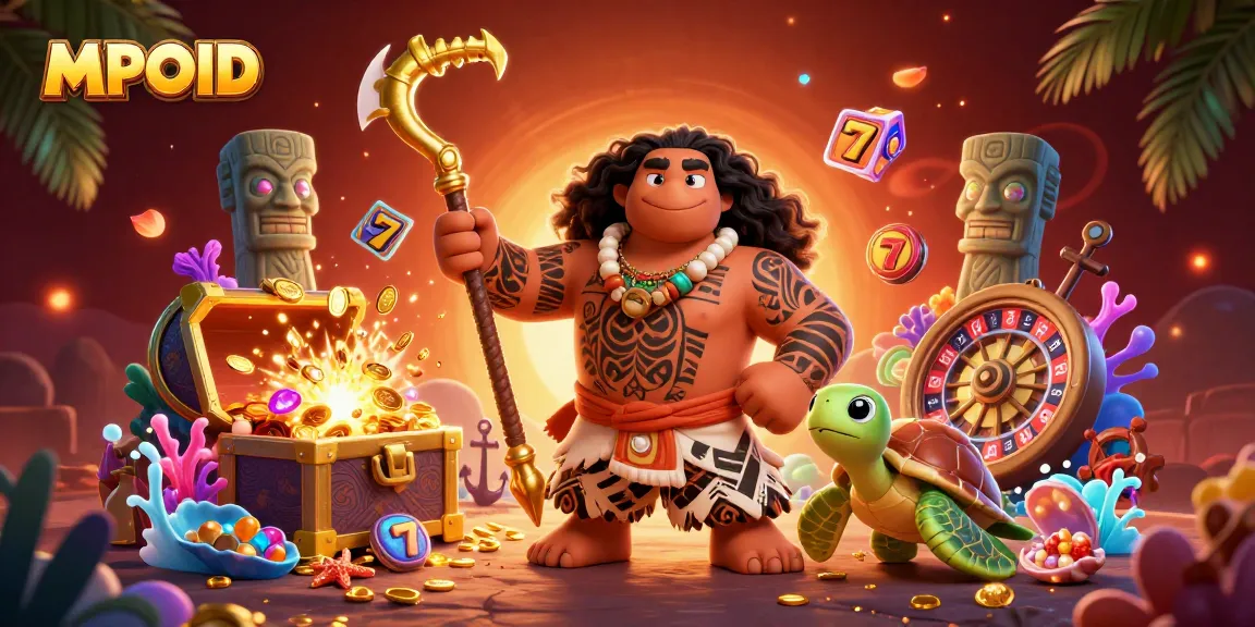 MPOID captures a vibrant casino scene with a Polynesian demigod and turtle amidst slot reels and treasure.