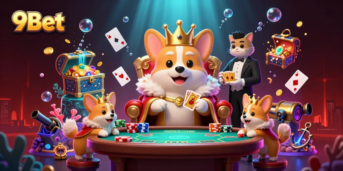 Experience thrilling moments with 9Bet's vibrant casino scene featuring a royal corgi and card deck.