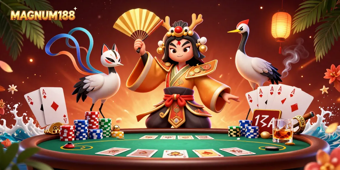 Engage with MAGNUM188 online betting excitement featuring poker elements and vibrant characters.