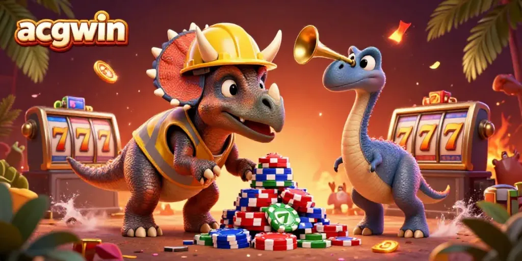 Experience fun with acgwin as a triceratops builds poker chip towers in a vibrant casino scene.