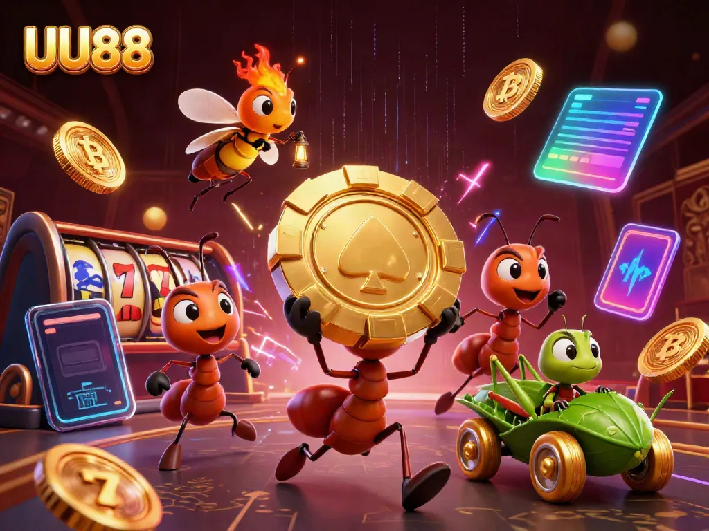 Experience the thrill of UU88 with ants on a heist and slot game elements in a vibrant scene.