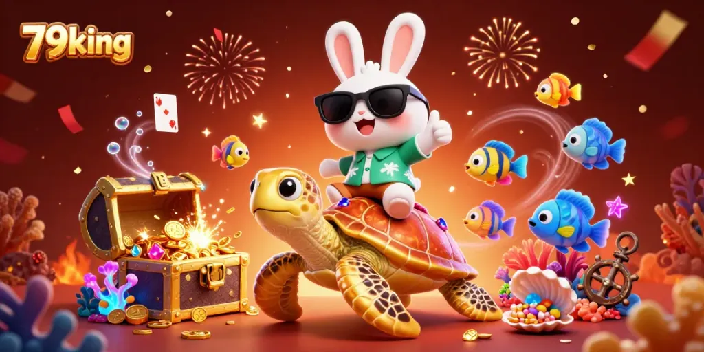 Experience exciting gaming action with 79king's playful casino illustration featuring a lucky rabbit, treasure, and vibrant coral.