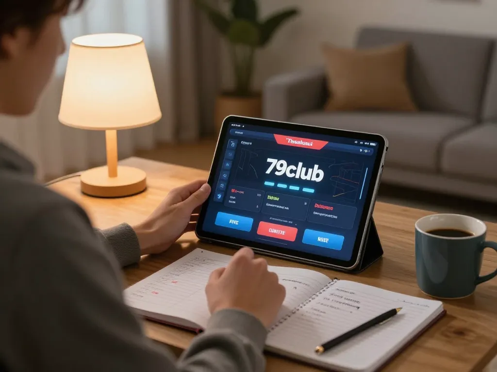Engaging in a strategic gaming session on 79club with a tablet, showcasing responsible gambling practices and cozy ambiance