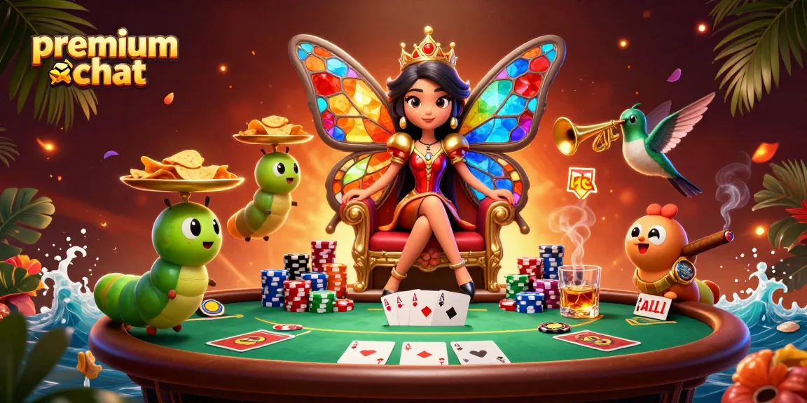 Engage in premium chat with a butterfly queen in a vibrant casino-themed scene filled with poker elements.