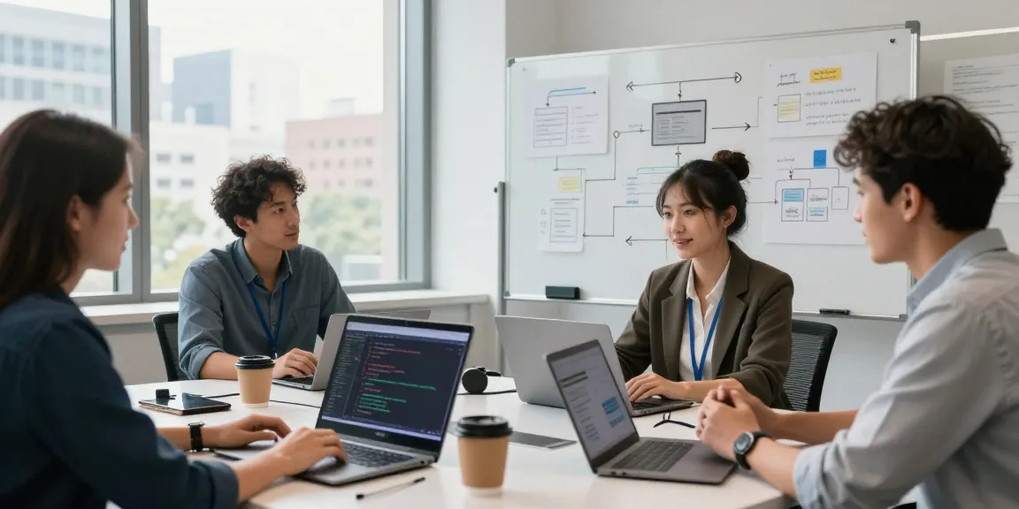 Build internal tools with AI in a vibrant tech collaboration scene with professionals coding and discussing innovative strategies.
