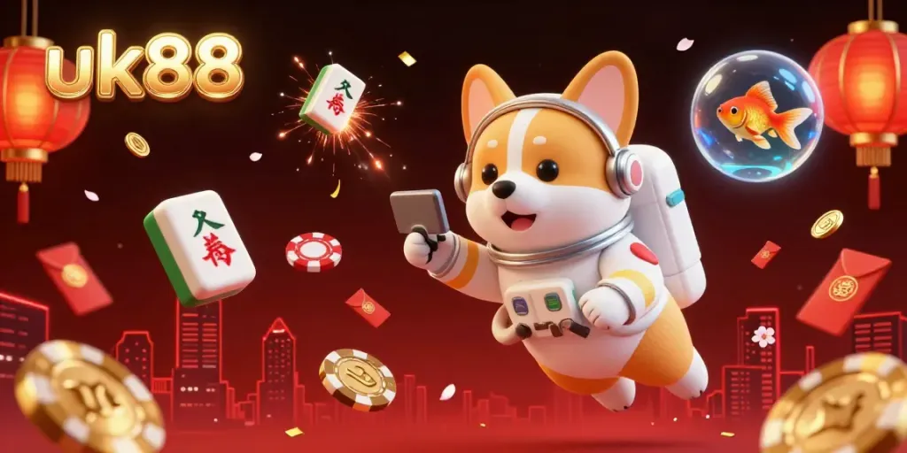 Experience thrilling gameplay at uk88 with a dynamic cartoon casino scene featuring a clever astronaut corgi.