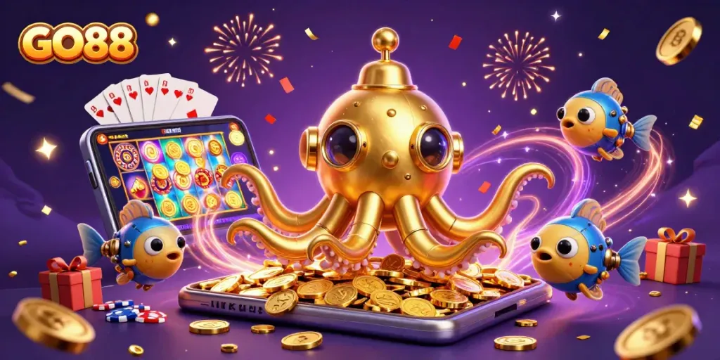 Win big with GO88 in this vibrant casino-themed celebration illustration.