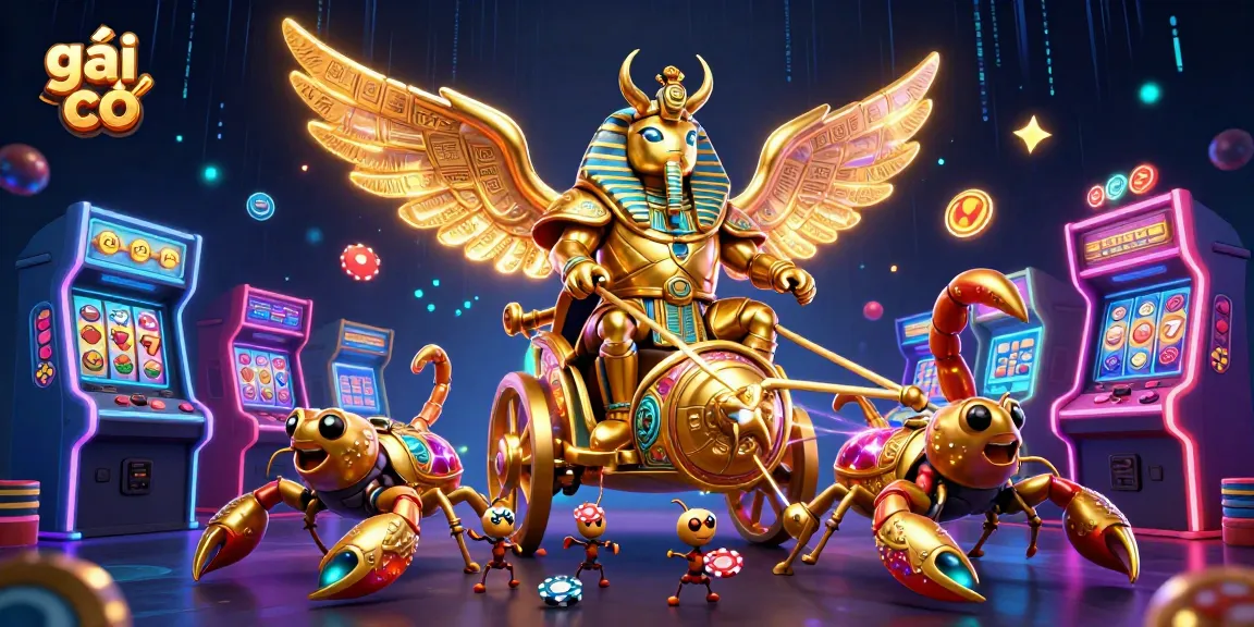 Play exciting casino games with gái gọi in a vibrant 3D scene featuring a golden scarab and slot machines.