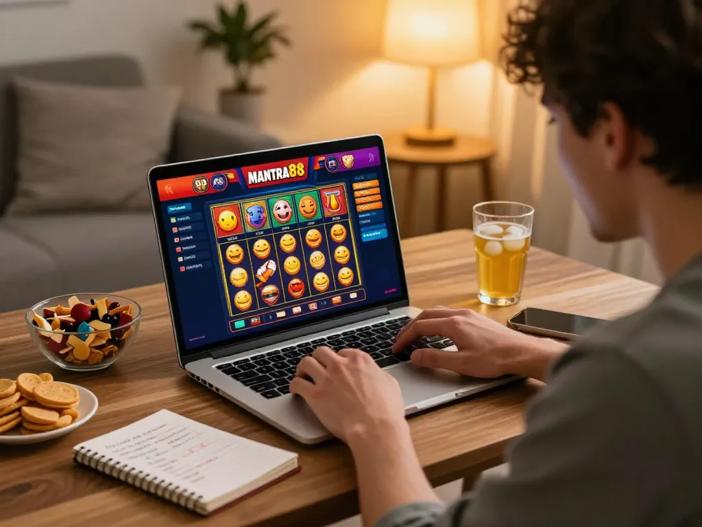 Player enjoying mantra88 online casino games in a cozy home gaming setup with snacks and strategy notes.