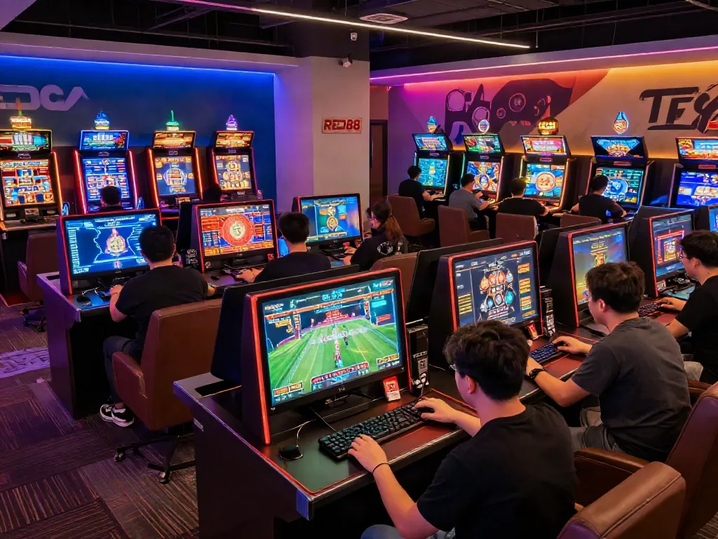 Engaging gaming scene at RED88 showcasing players involved in casino and sports betting activities.