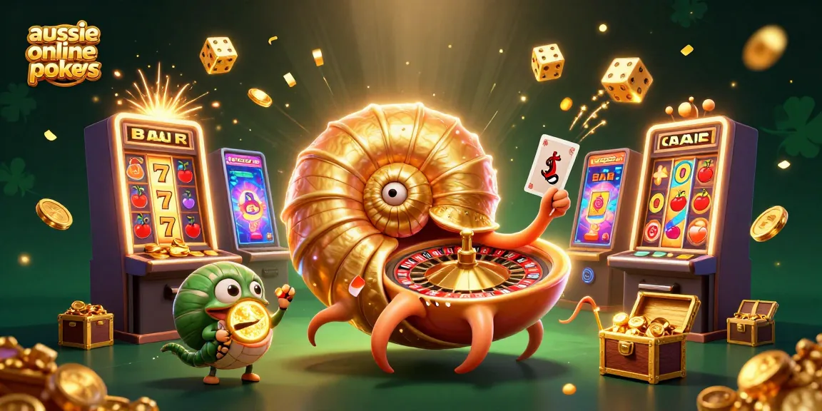 A vibrant illustration of aussie online pokies showcasing a giant nautilus roulette wheel surrounded by dynamic casino elements.
