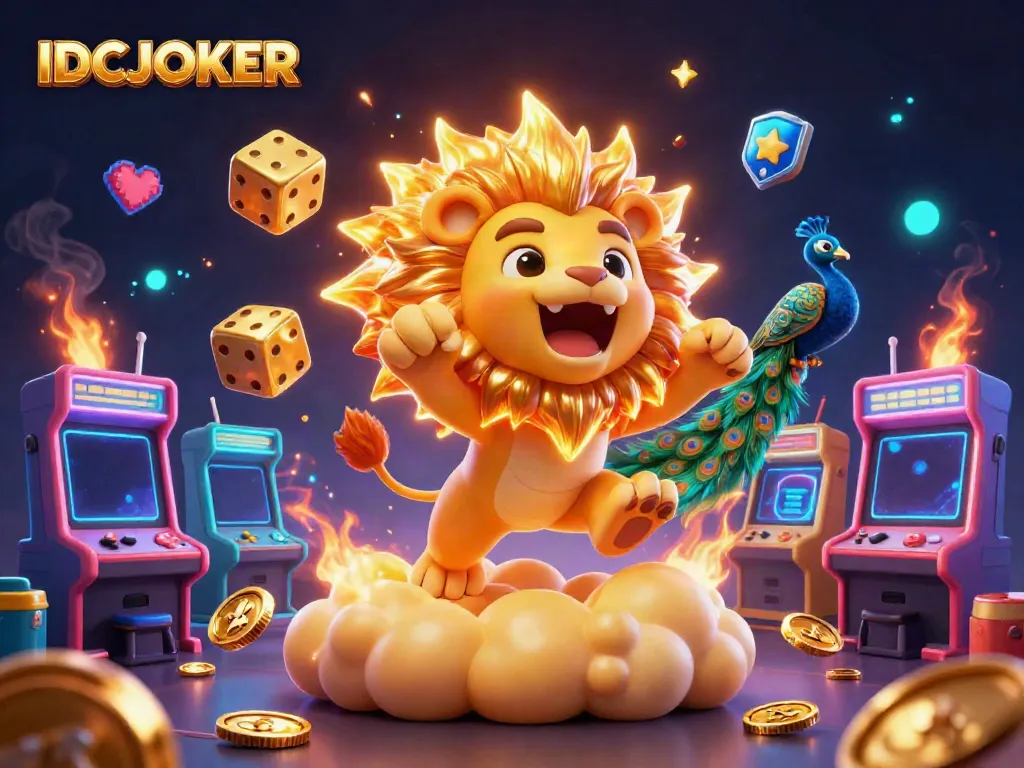 IDCJOKER platform featuring a roaring golden lion, tumbling dice, and vibrant gaming elements