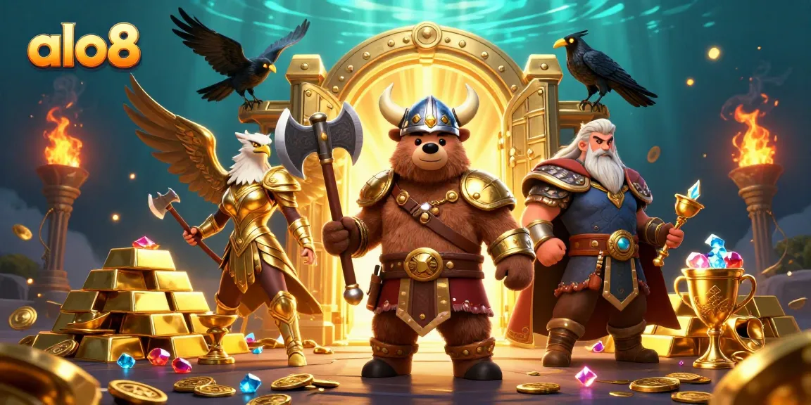 Engage in exhilarating adventures with ALO8's Viking berserker bear among treasures and winnings.