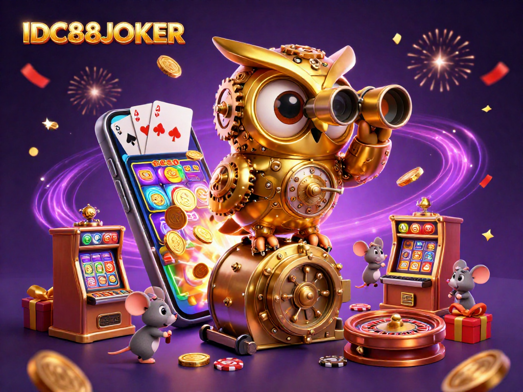 Experience IDC88JOKER's casino thrill with a vibrant 3D scene full of games and celebration.