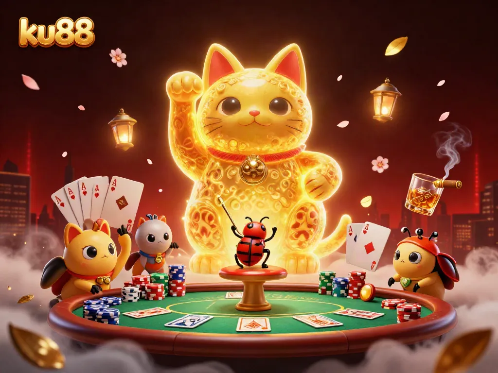 Experience thrilling casino action with ku88's dynamic lucky cat and vibrant game symbols in a captivating scene.
