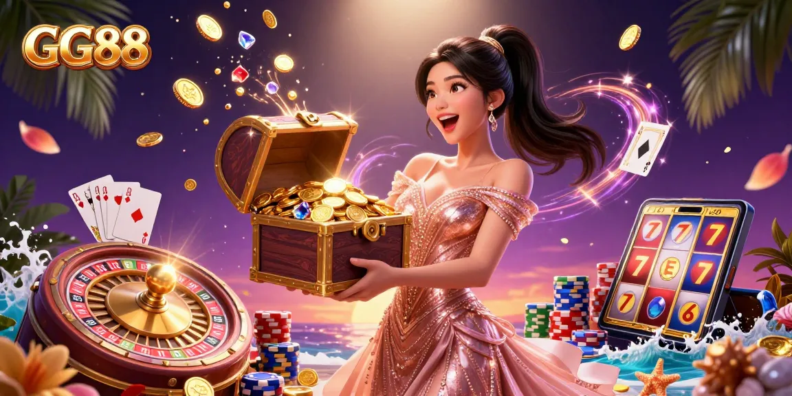 Experience the excitement of GG88 with a stunning 3D illustration showcasing treasures and dynamic casino game elements.