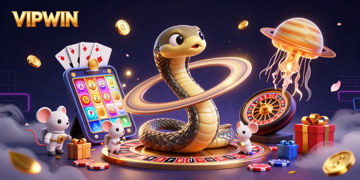 Experience VIPWIN with a dynamic 3D illustration showcasing casino elements and vibrant characters.