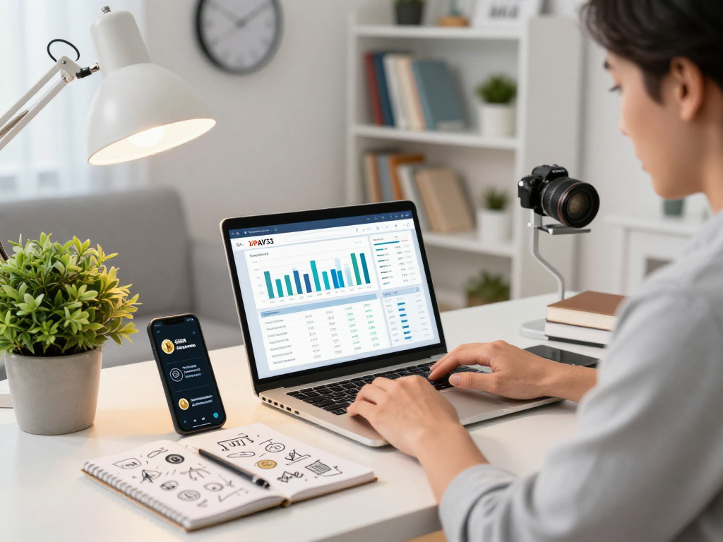 Entrepreneur analyzing XPAY33 income data in a modern home office, representing online income generation.