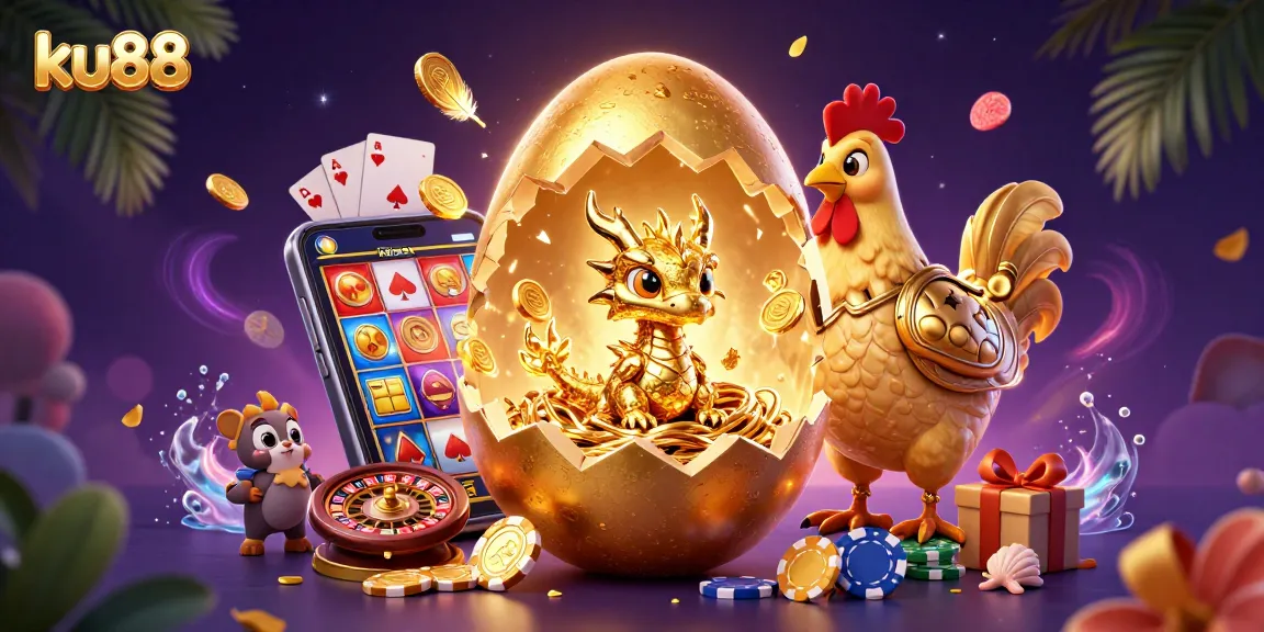 Bet big and win with ku88 in this vibrant casino-themed illustration featuring golden riches and dynamic gaming action.