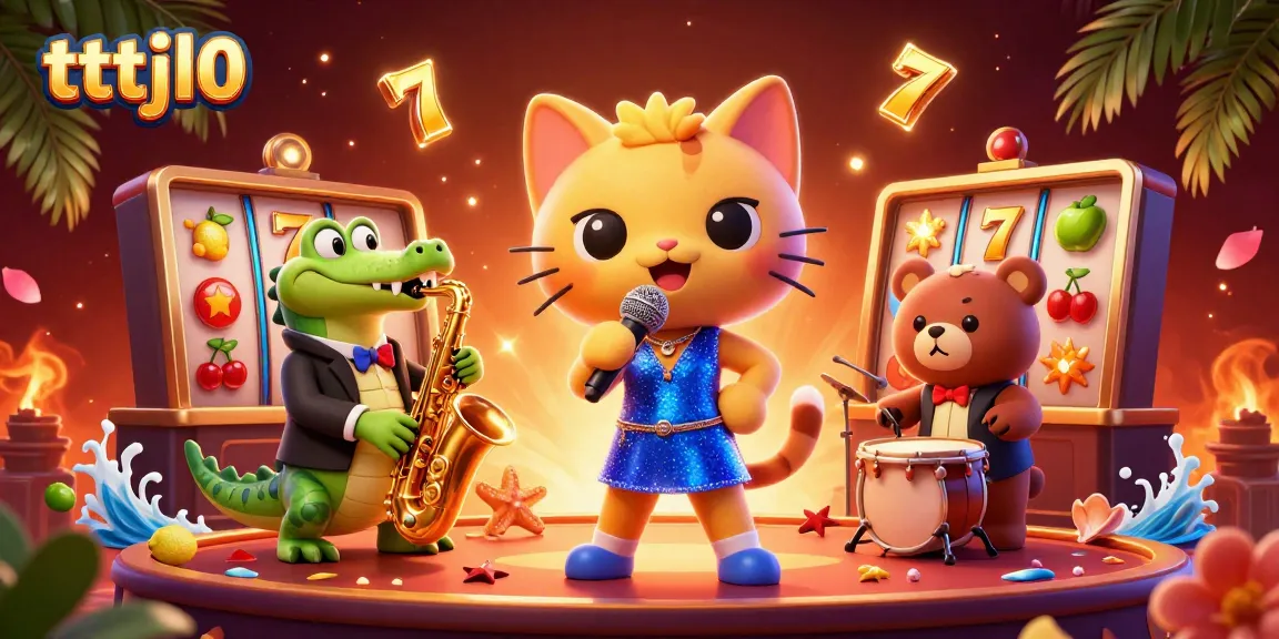 Experience the excitement of tttjl0 with a jazz-singer cat, saxophone crocodile, and drum bear in a vibrant casino.