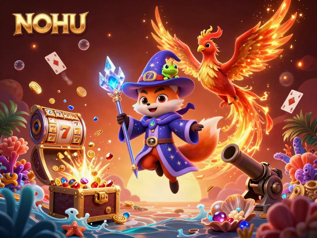 Engage with NOHU's thrilling gaming atmosphere featuring wizards, jackpots, and dynamic casino elements.