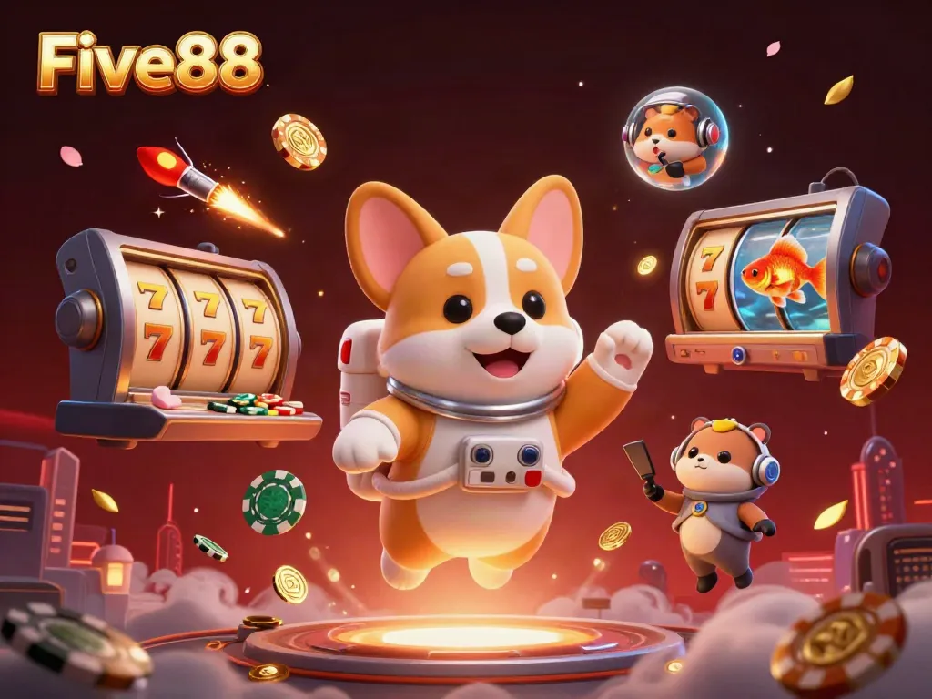 Experience the excitement of Five88 casino gaming with a cartoon corgi in space!