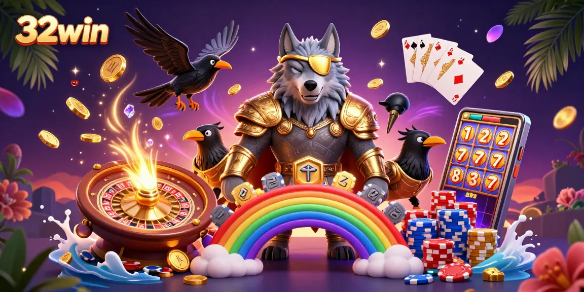 Experience thrilling gaming with 32win's Odin and ravens amidst casino elements.