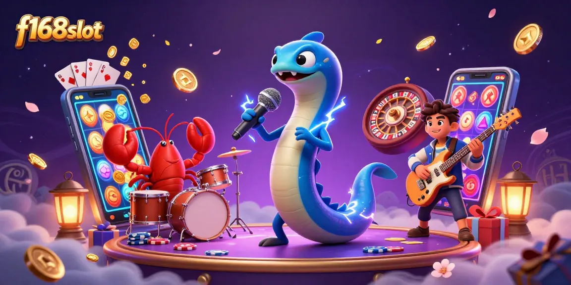 Engage with f168slot's vibrant underwater casino scene featuring an electric eel DJ.