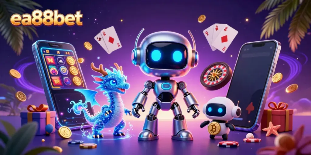 Engage with the vibrant ea88bet casino scene featuring a dynamic cyberpunk robot, a holographic AI dragon, and crypto elements.