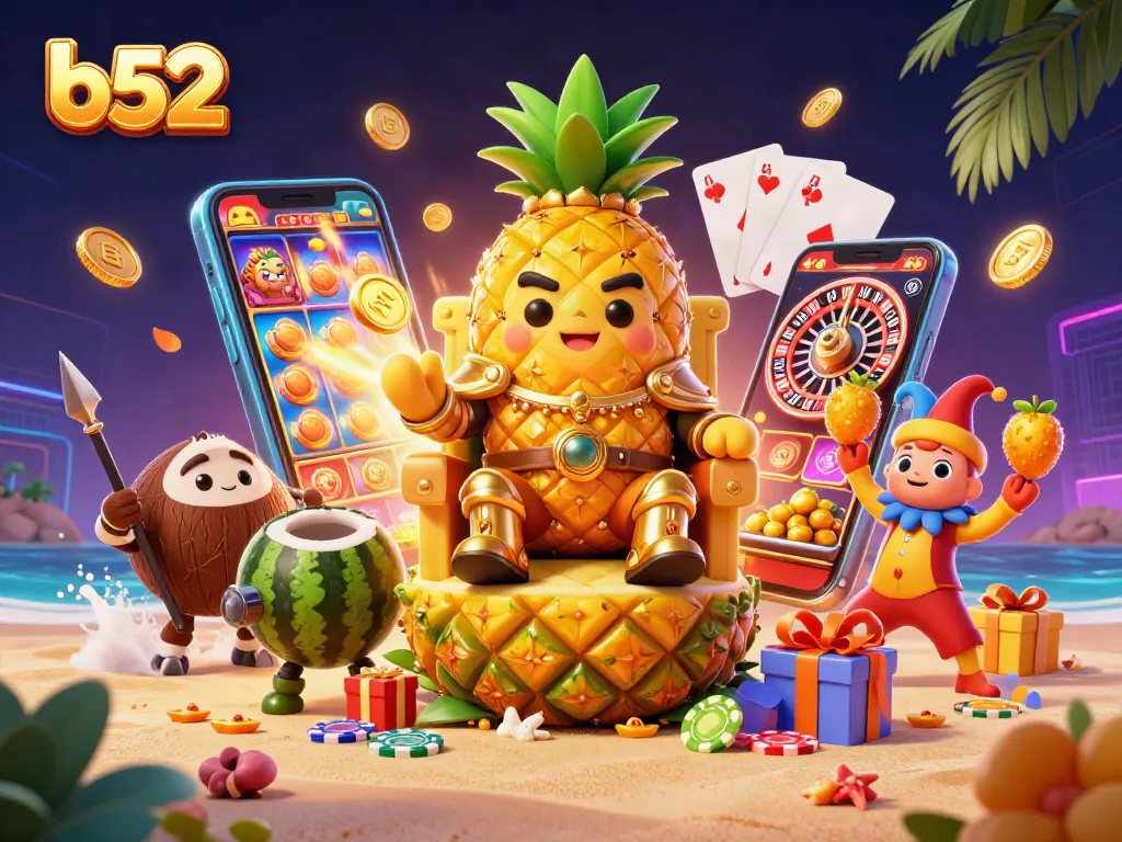Engage with b52 casino fun as a golden pineapple king celebrates with slot games and colorful cash!