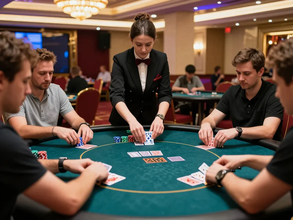 RR99 poker players strategically placing bets and analyzing cards in a vibrant casino setting.
