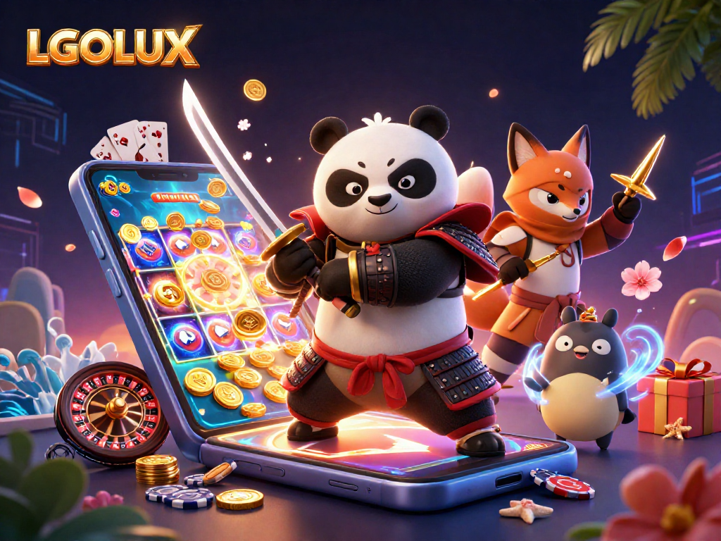Experience LGOLUX gaming excitement with a vibrant samurai panda and a ninja fox in action!