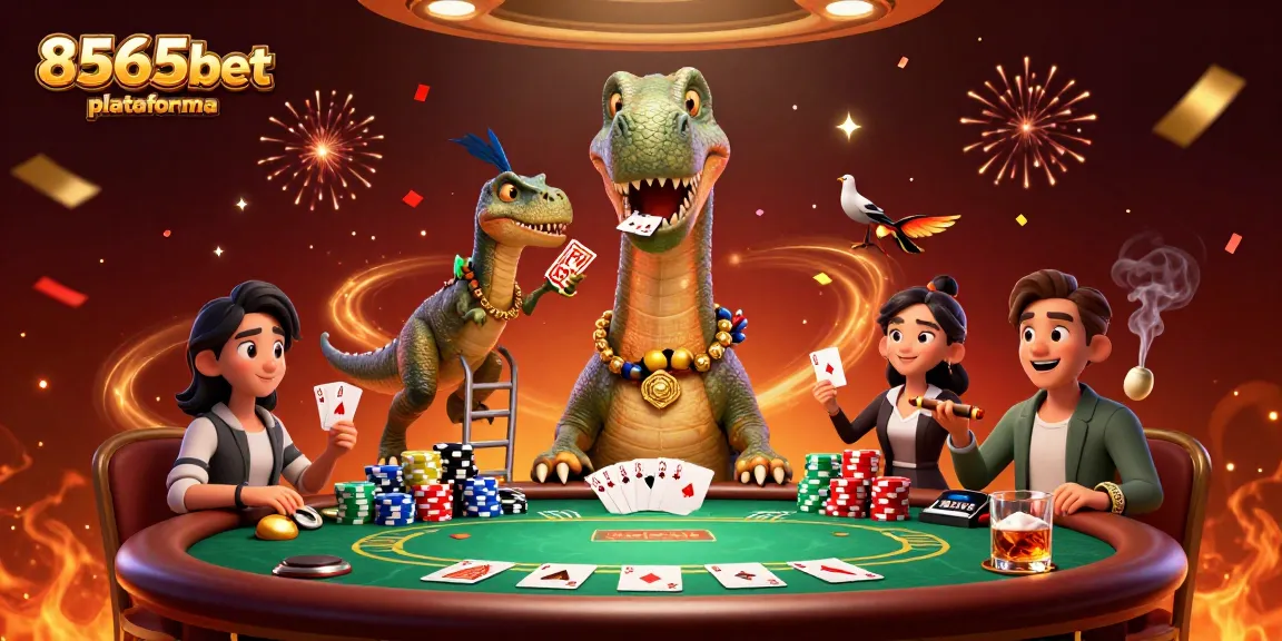 Jogando na plataforma 8565bet com um dinossauro e raptor em uma cena vibrante de cassino.