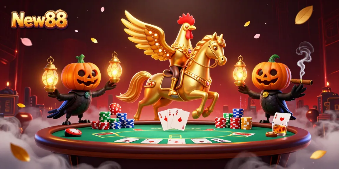 Experience thrilling gameplay at New88 with a vibrant casino scene featuring poker elements and dynamic characters.