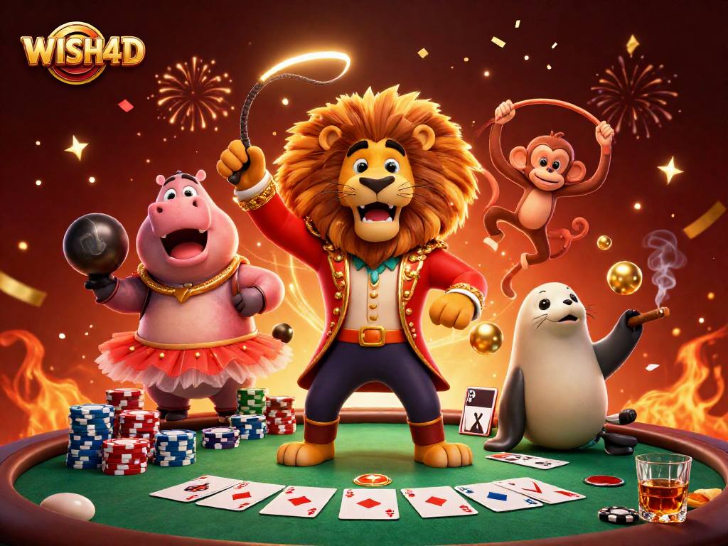 Engage with WISH4D in a vibrant casino scene featuring a lion ringmaster and dazzling characters.
