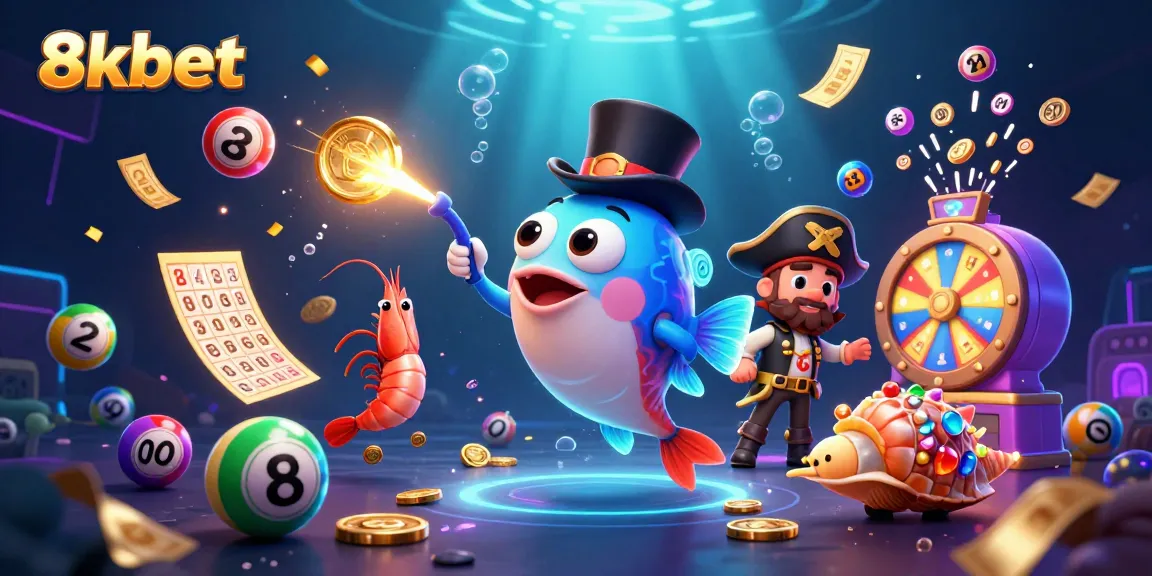 Engage with thrilling 8xbet gaming as a deep-sea anglerfish attracts coins amidst vibrant lottery elements.