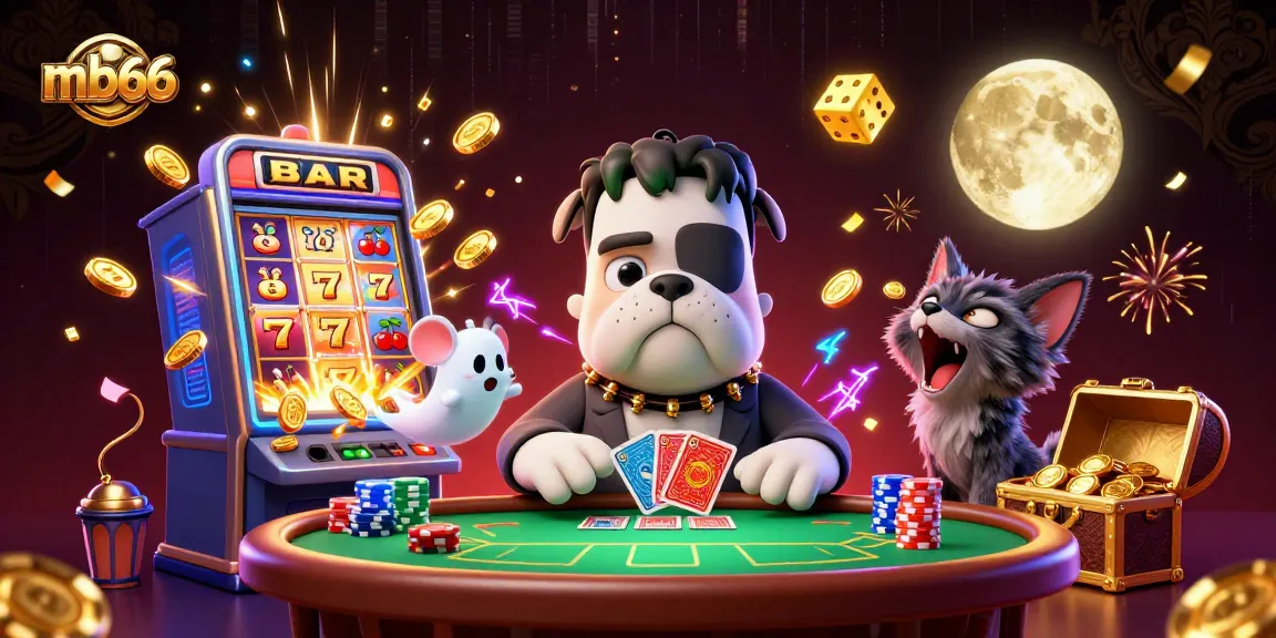 Experience gaming thrills with mb66 featuring a cartoon bulldog dealer and vibrant slot machine action.