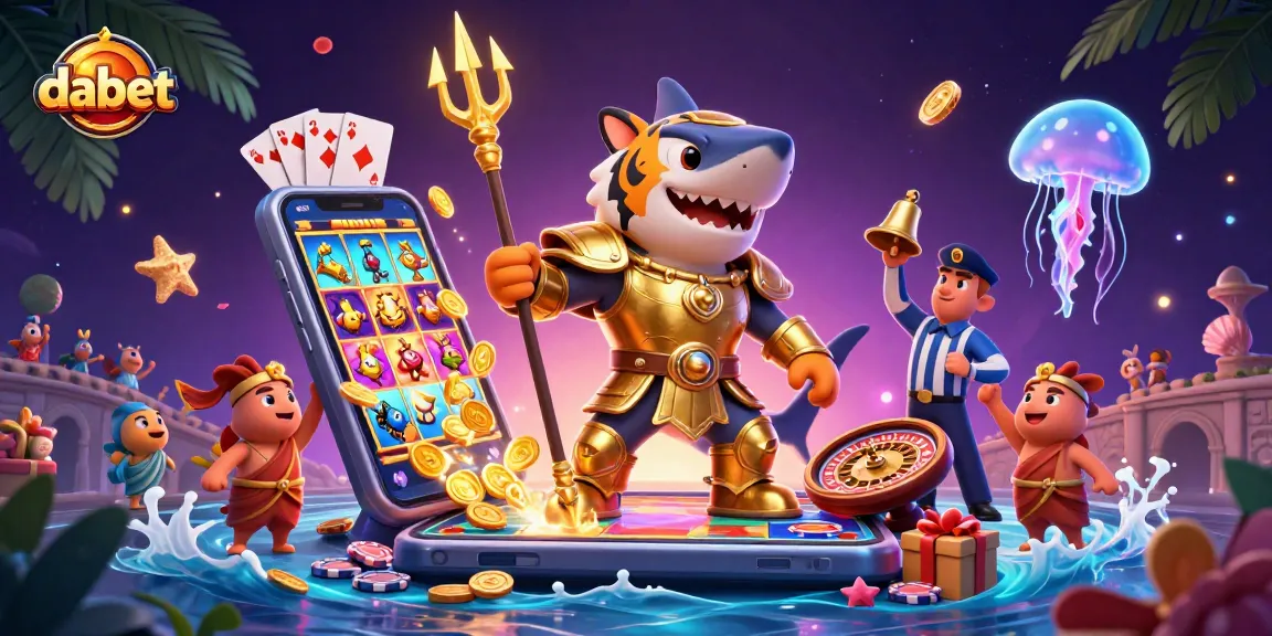 Engage with dabet's vibrant underwater casino scene featuring a fierce tiger shark and exciting game elements.
